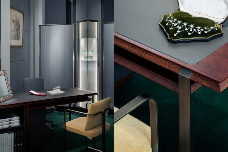 Images of Wartski St James' Jewellers retail space by Waldo Studio. Showing wood and metal furniture design details and the wider interior space of the London Jeweller.